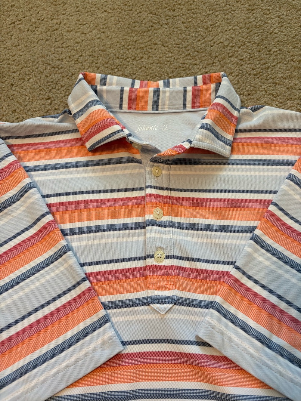 johnnie-O Short Sleeve Polo with White, Orange and Navy Stripes